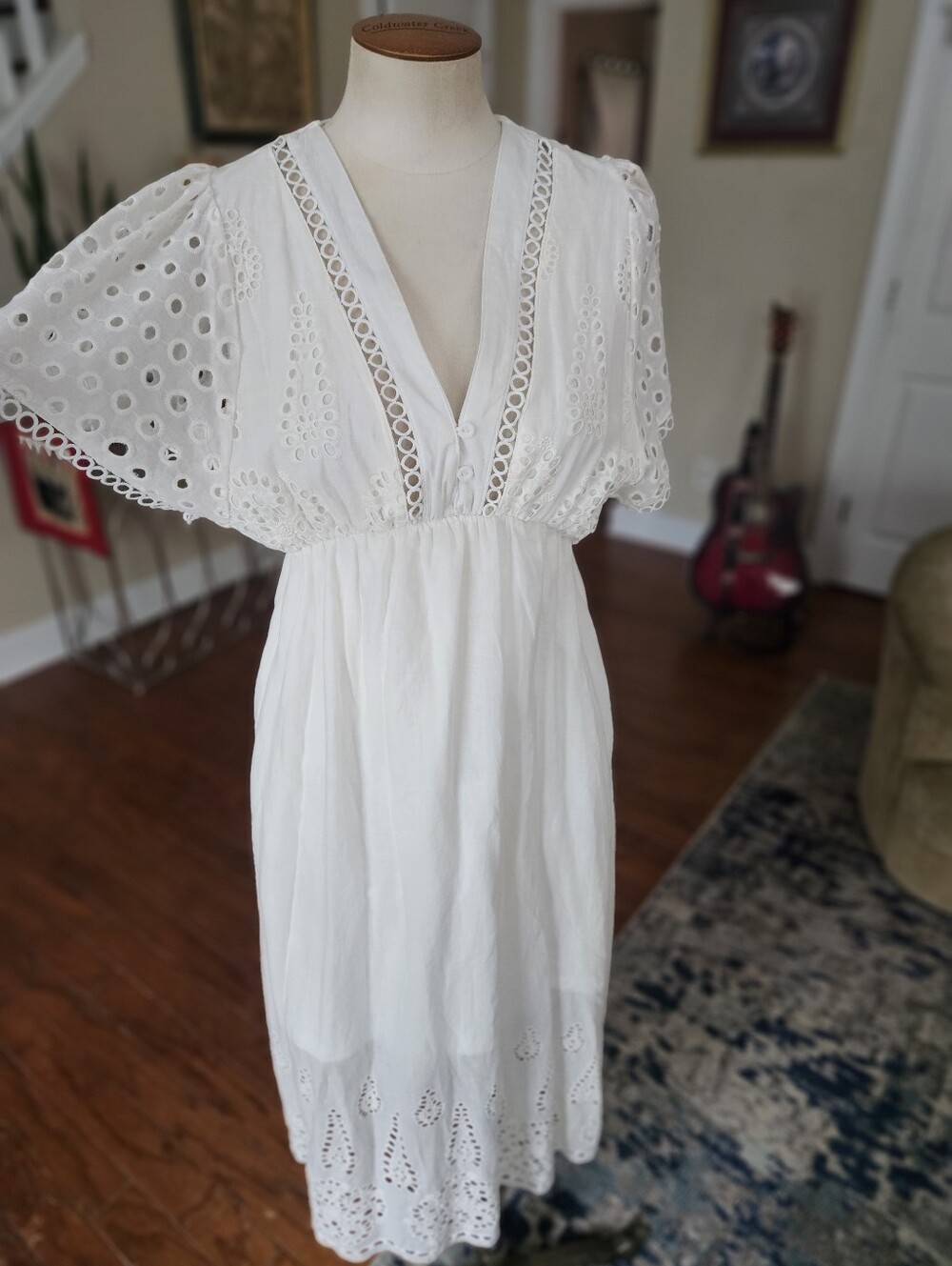 White Eyelet V-Neck Midi Dress - ,